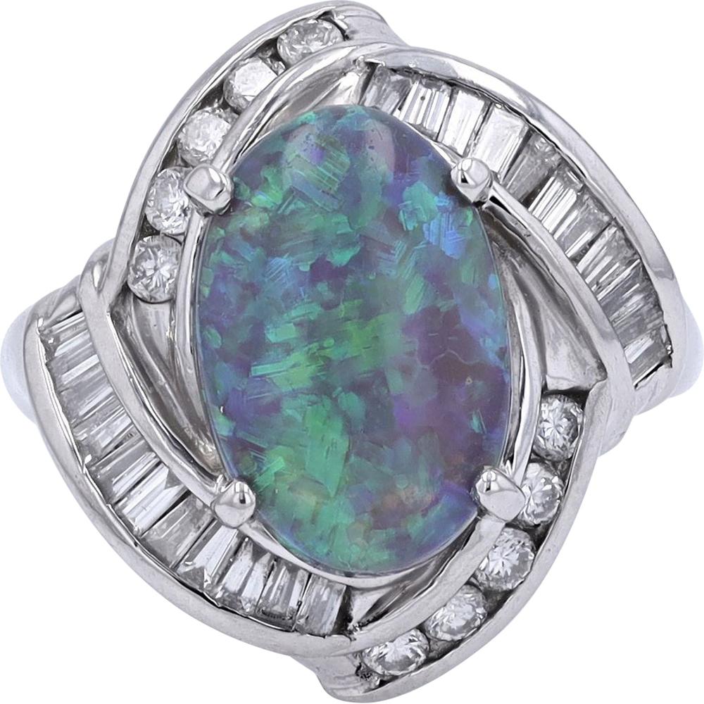Platinum 4.20 Carat Black Opal Ring with 0.94 Carat Diamond Accents