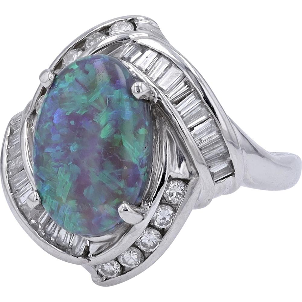 Platinum 4.20 Carat Black Opal Ring with 0.94 Carat Diamond Accents