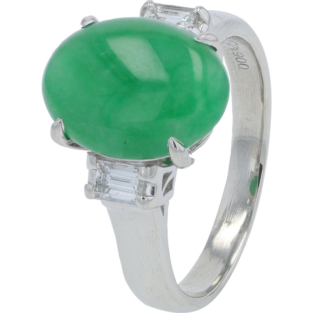 Platinum 4.35 Carat Oval Jade Ring with Diamond Accents - 0.28 Carat Total Diamond Weight