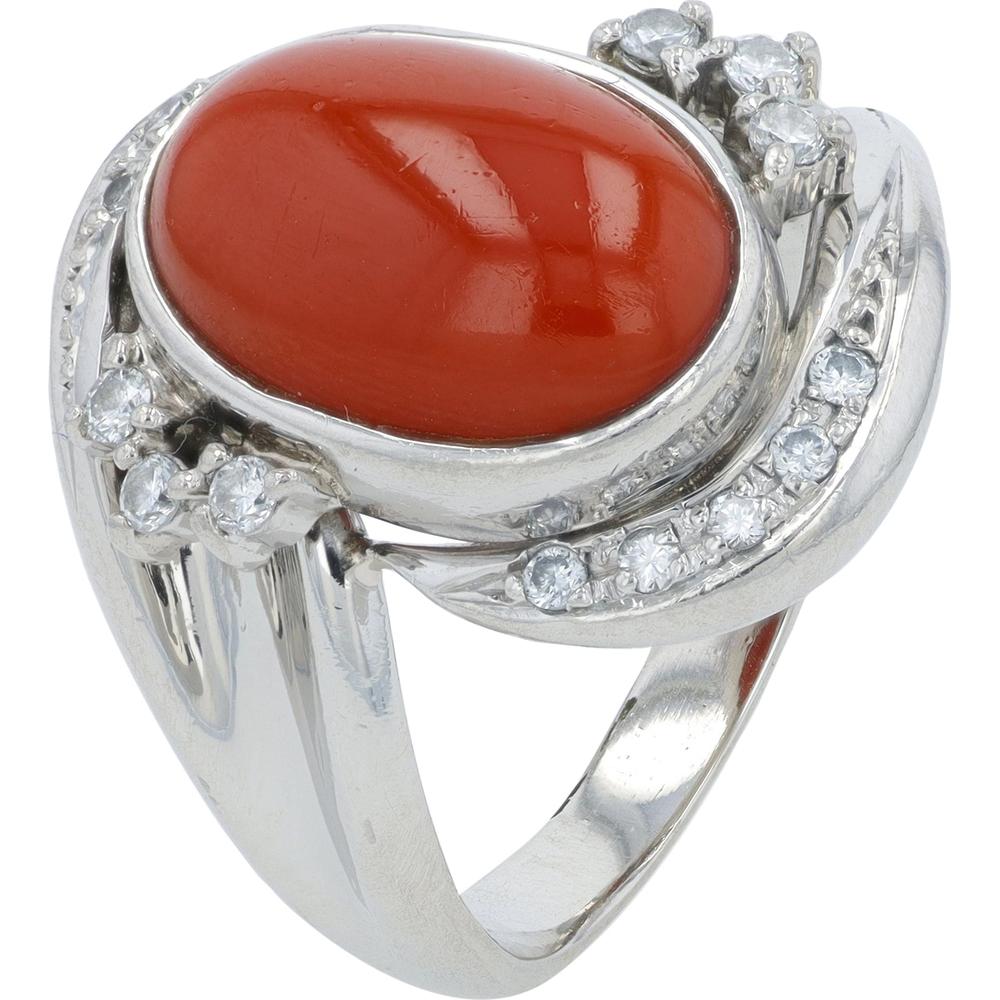 Platinum 4.56 Carat Oval Coral Bypass Ring with 0.24 Carat Diamond Accents