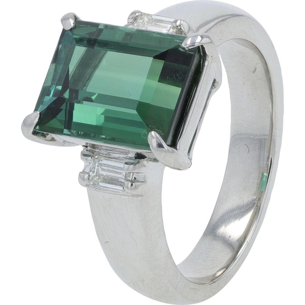 Platinum 4.62 Carat Green Tourmaline Ring with 0.22 Carat Baguette Diamonds