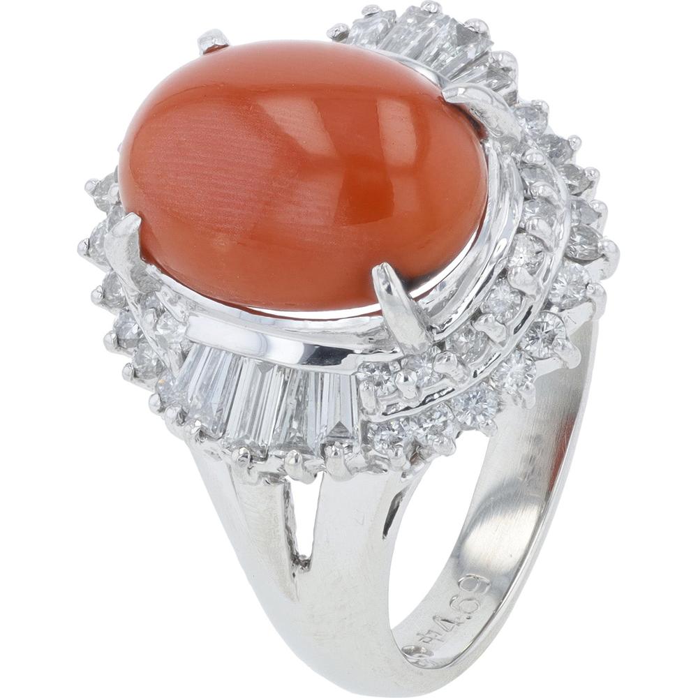 Platinum 4.69 Carat Oval Coral Ring with 0.90 Carat Diamond Halo