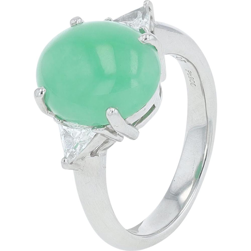 Platinum 4.695 Carat Cabochon Jade Ring with 0.30 Carat Trillion Diamond Accents