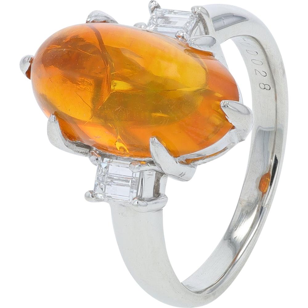 Platinum 4.70 Carat Fire Opal Ring with 0.28 Carat Baguette Diamonds