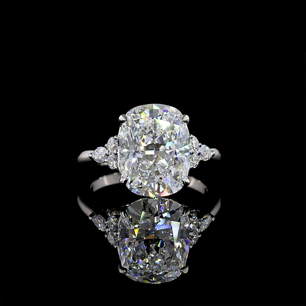 Platinum 4.77 Carat Cushion Brilliant Cut Lab Diamond Ring with Marquise and Round Accent Stones - F VS1 Center - Covaloro Fine Jewelry