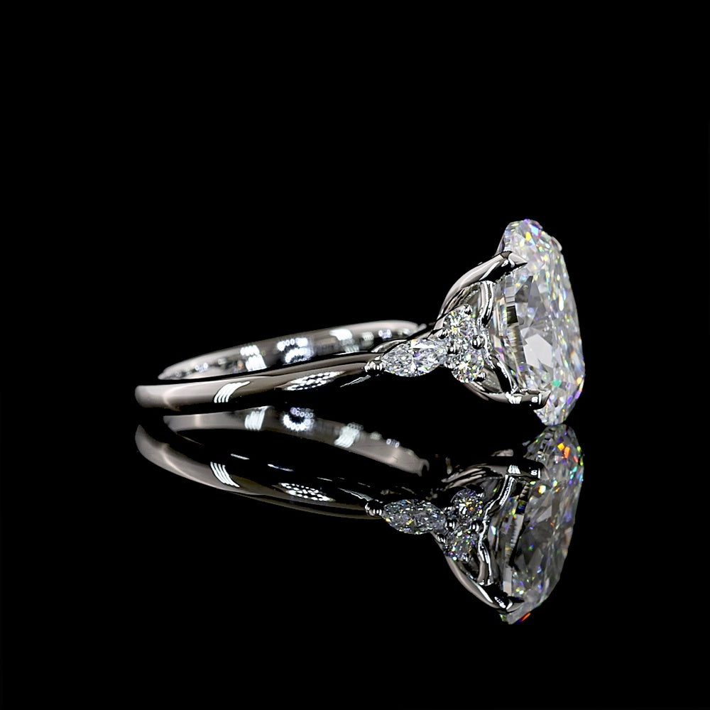 Platinum 4.77 Carat Cushion Brilliant Cut Lab Diamond Ring with Marquise and Round Accent Stones - F VS1 Center - Covaloro Fine Jewelry