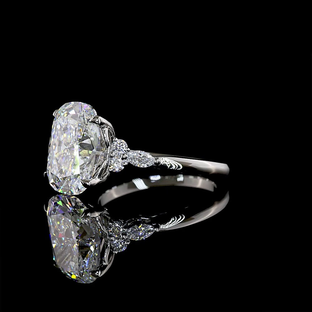 Platinum 4.77 Carat Cushion Brilliant Cut Lab Diamond Ring with Marquise and Round Accent Stones - F VS1 Center - Covaloro Fine Jewelry