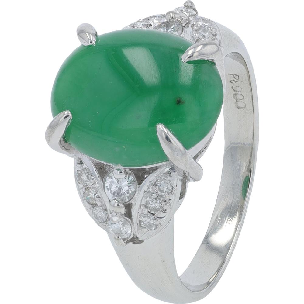 Platinum 4.85 Carat Jade Ring with Diamond Accents - 0.25 Carat Total Diamond Weight