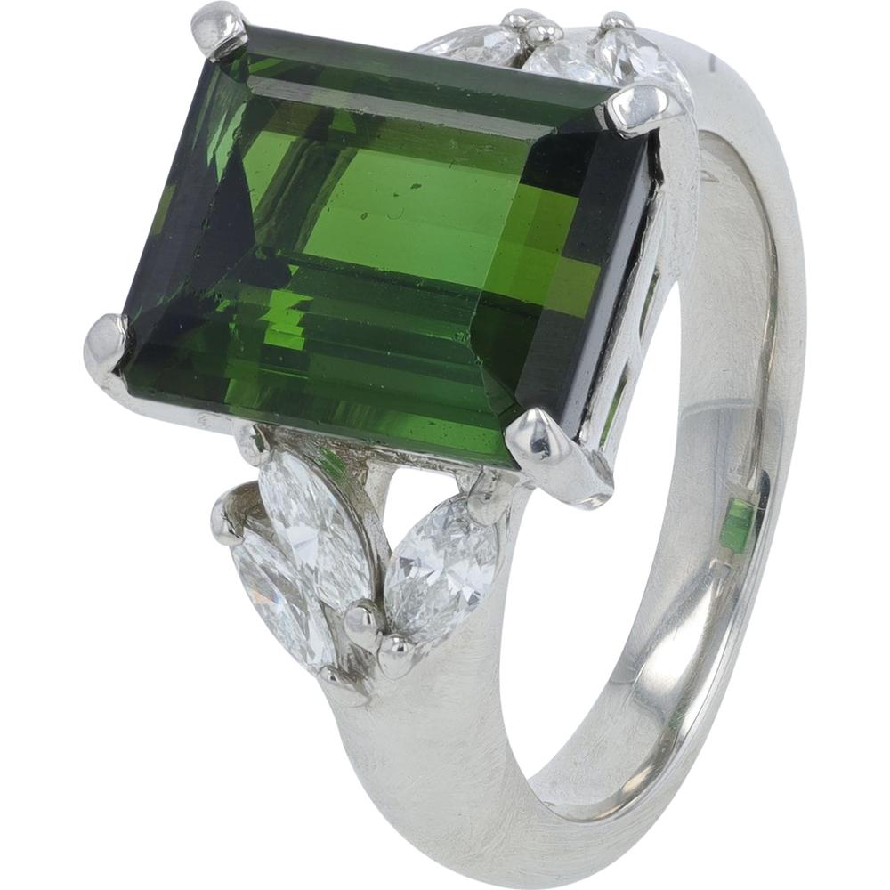 Platinum 4.96 Carat Green Tourmaline Ring with Marquise Diamonds - 0.47 Carat Total Diamond Weight
