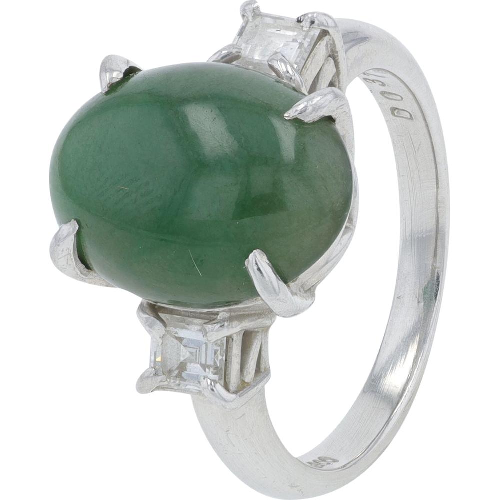 Platinum 4.98 Carat Oval Jade Ring with Emerald - Cut Diamond Accents - 0.37 Carat Total Diamond Weight