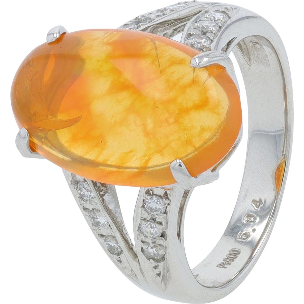 Platinum 5.04 Carat Oval Fire Opal Ring with 0.23 Carat Round Diamond Accents