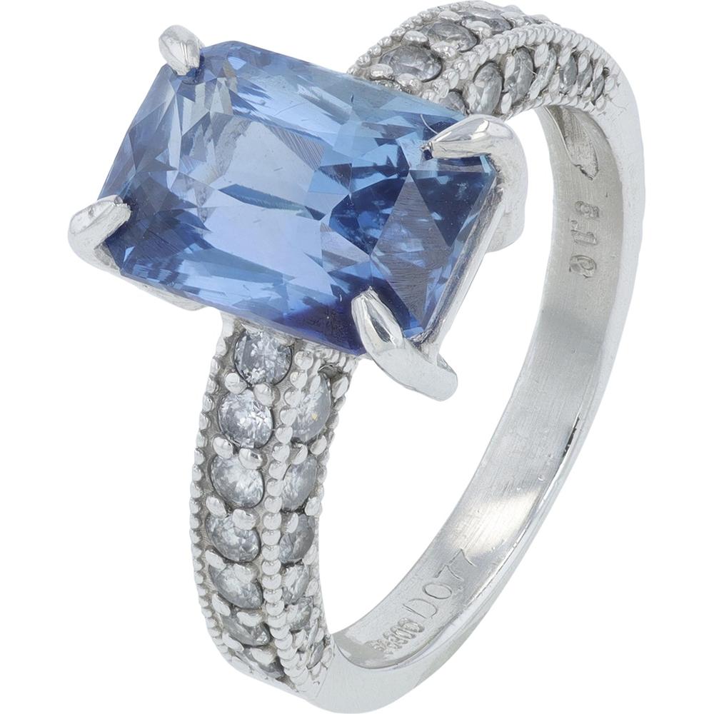 Platinum 5.10 Carat Cushion Cut Tanzanite Ring with Diamond Accents - 0.77 Carat Total Diamond Weight