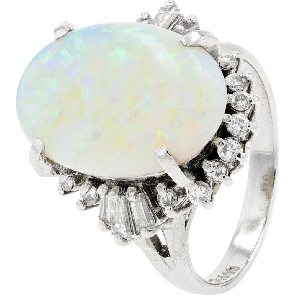 Platinum 5.20 Carat Oval Cabochon Opal Halo Ring with Round and Baguette Diamonds - 0.50 Carat Total Diamond Weight