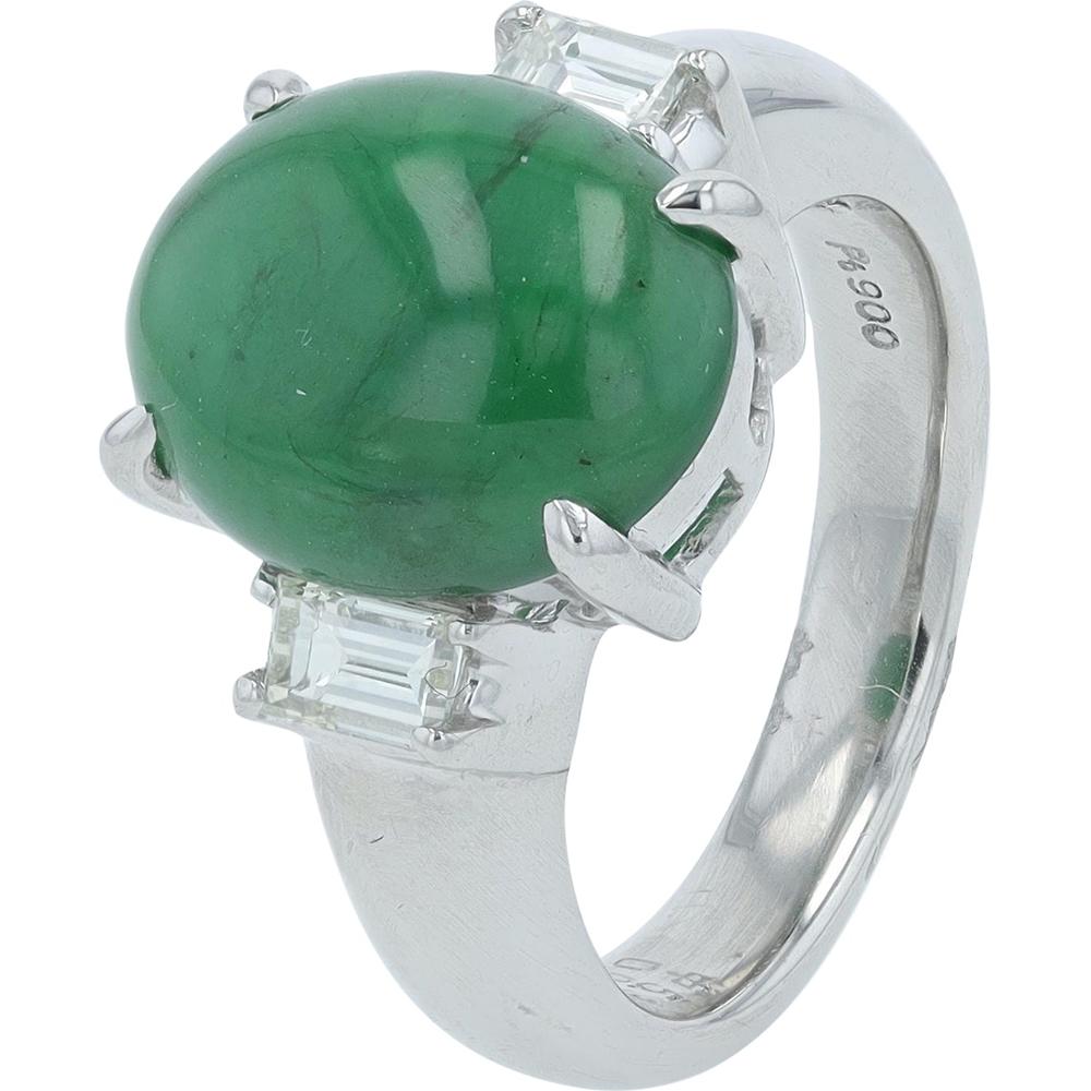 Platinum 5.32 Carat Jade Ring with Diamond Accents - 0.41 Carat Total Diamond Weight