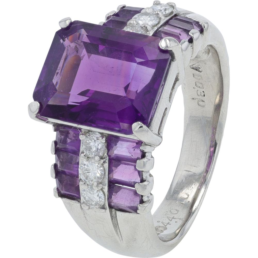 Platinum 5.40 Carat Emerald Cut Amethyst Ring with 0.30 Carat Baguette Diamonds
