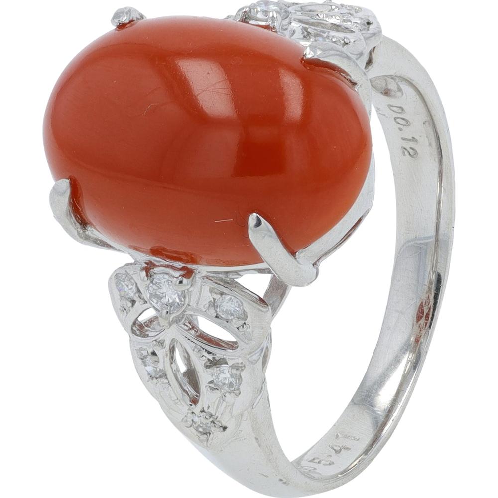 Platinum 5.41 Carat Oval Coral Ring with 0.12 Carat Diamond Accents