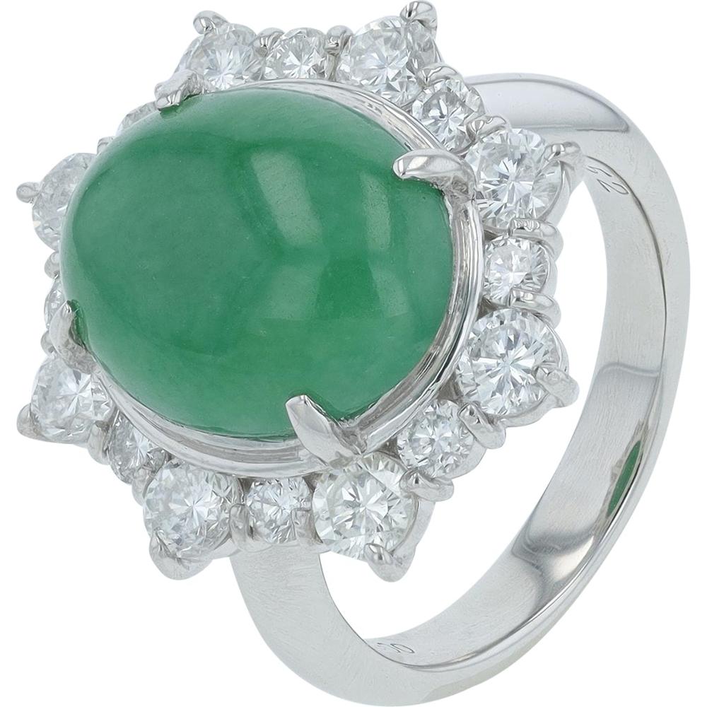 Platinum 5.46 Carats Jade Ring with Diamond Halo - 1.52 Carats Total Diamond Weight