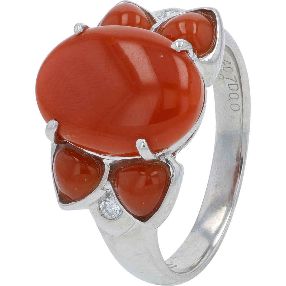 Platinum 5.47 mm Oval Coral Cabochon Ring with 0.07 Carat Round Diamond Accent - Size 8.25