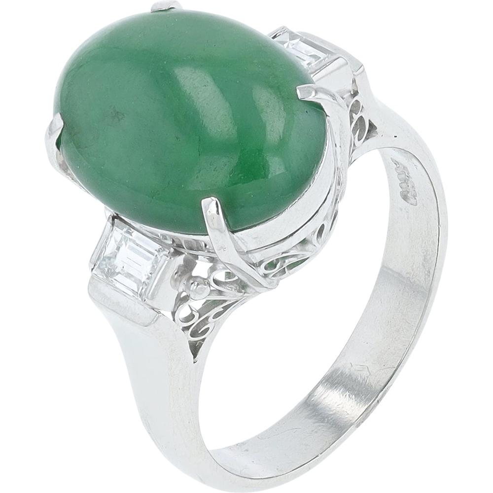 Platinum 5.53 Carat Oval Cabochon Jade Ring with 0.31 Carat Baguette Diamonds