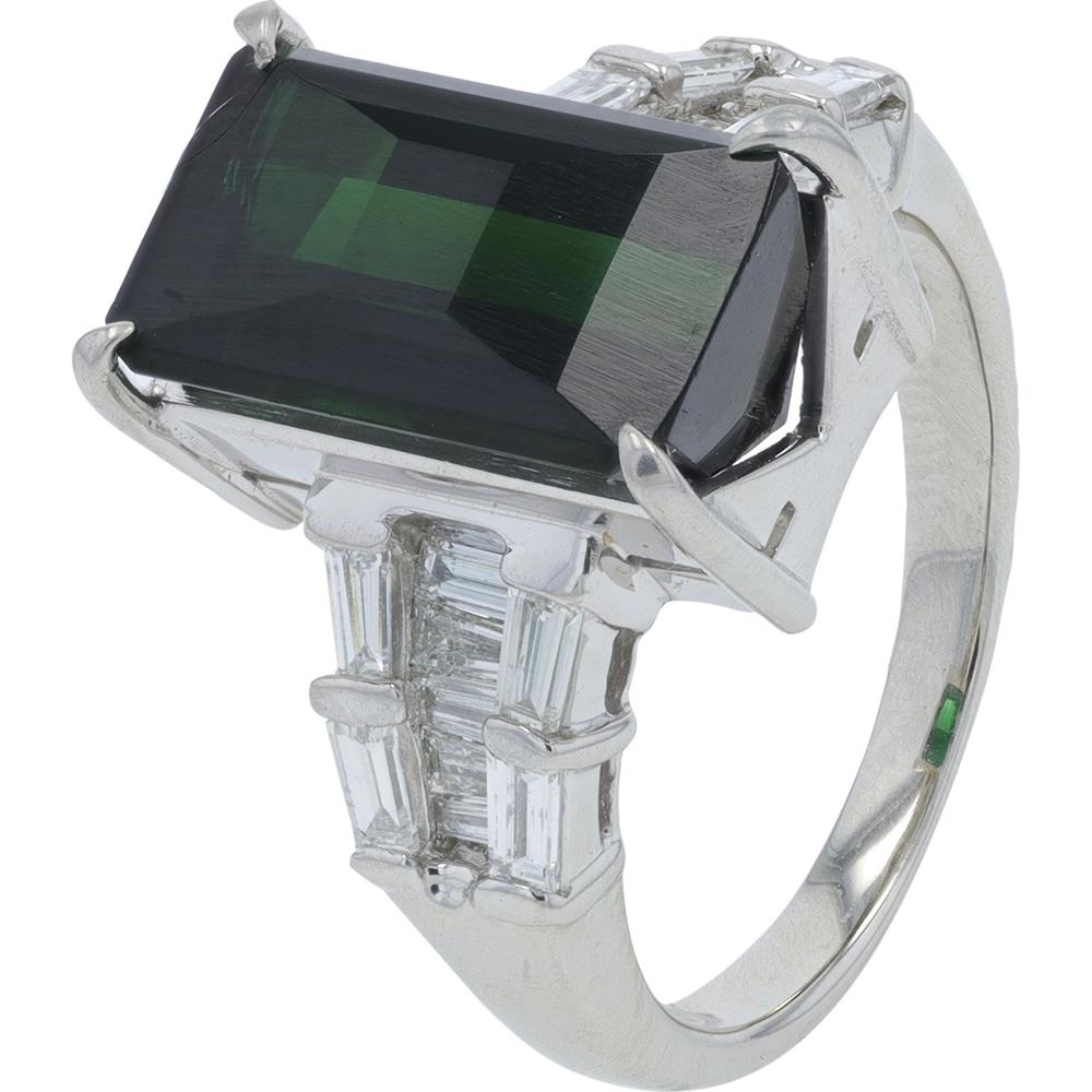 Platinum 5.57 Carat Rectangular Tourmaline Ring with 0.68 Carats Baguette Diamond Accents
