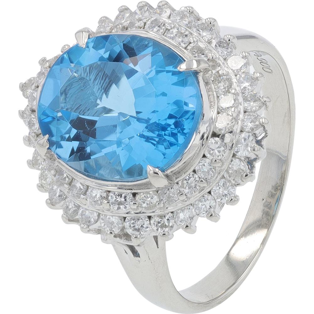 Platinum 5.77 Carat Blue Topaz Halo Ring with 0.93 Carat Diamond Accents