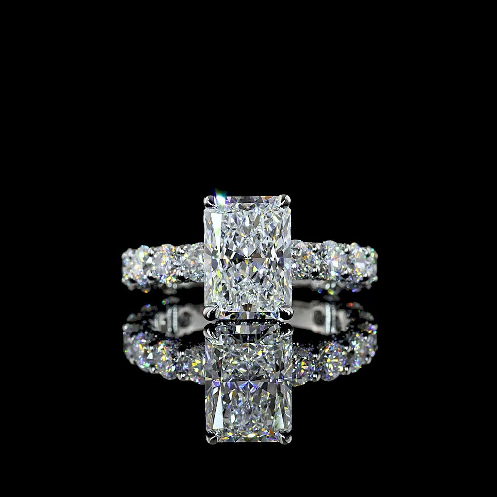 Platinum 5.77 Carat Radiant Cut Lab Diamond Hidden Halo Ring with 3.10 Carat Center D VVS2 and Accent Diamonds - IGI Certified - Covaloro Fine Jewelry