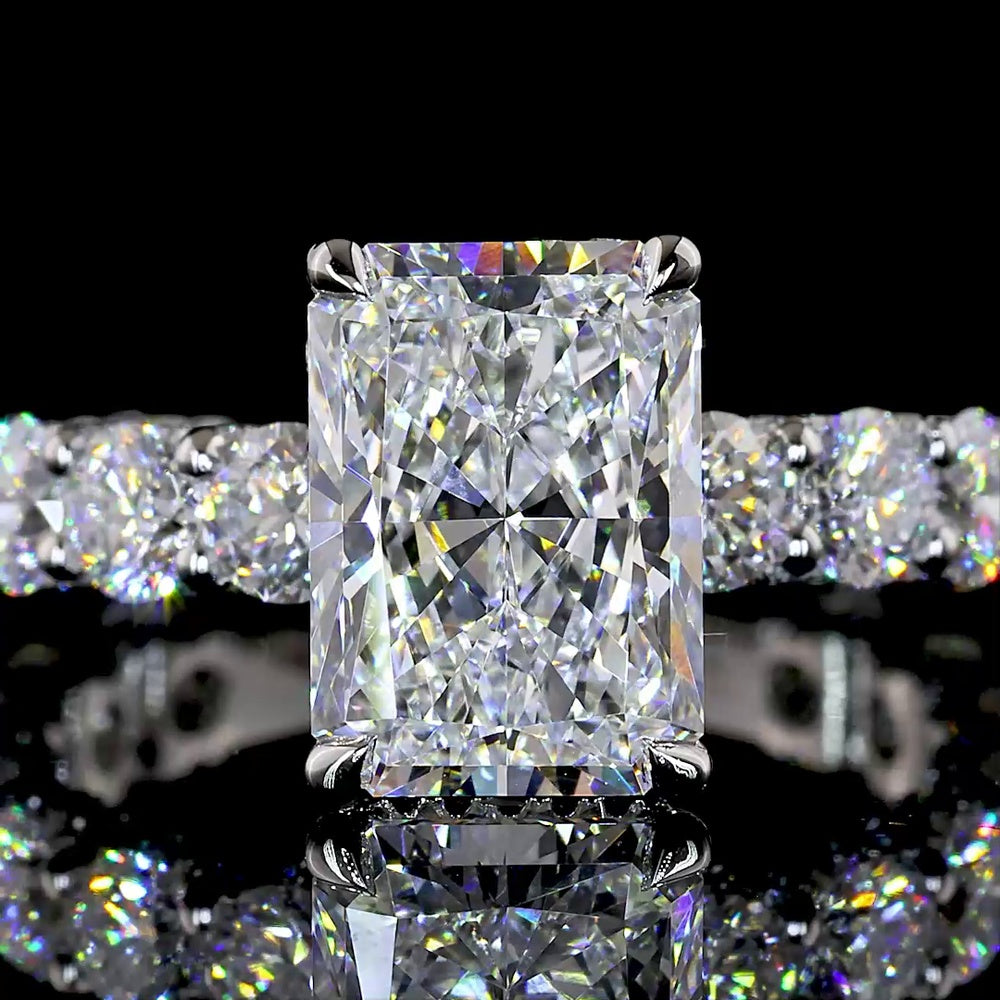 Platinum 5.77 Carat Radiant Cut Lab Diamond Hidden Halo Ring with 3.10 Carat Center D VVS2 and Accent Diamonds - IGI Certified - Covaloro Fine Jewelry