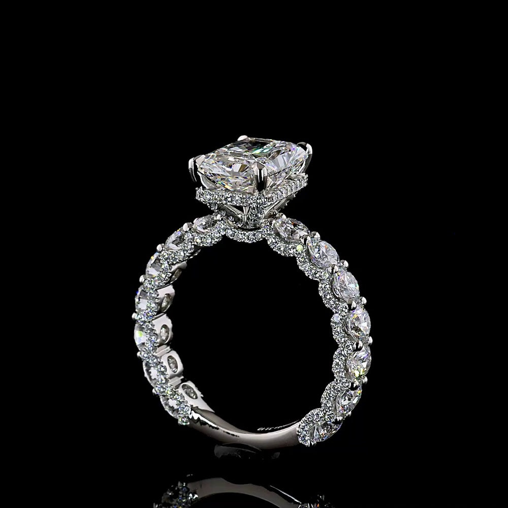 Platinum 5.77 Carat Radiant Cut Lab Diamond Hidden Halo Ring with 3.10 Carat Center D VVS2 and Accent Diamonds - IGI Certified - Covaloro Fine Jewelry