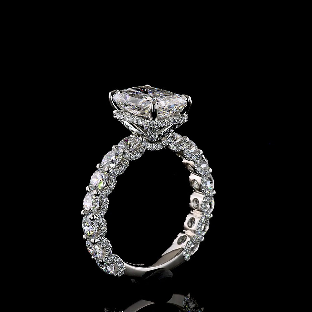 Platinum 5.77 Carat Radiant Cut Lab Diamond Hidden Halo Ring with 3.10 Carat Center D VVS2 and Accent Diamonds - IGI Certified - Covaloro Fine Jewelry