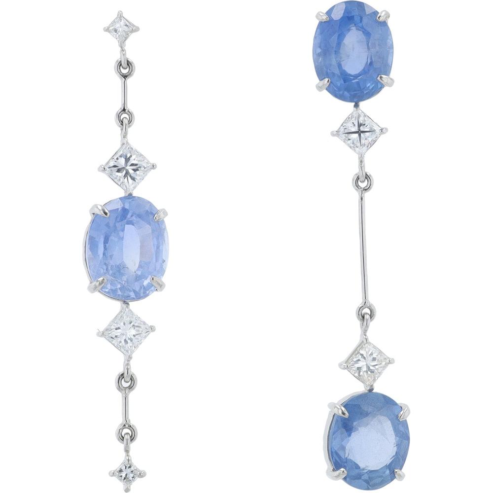 Platinum 6.03 Carat Oval Sapphire Mismatch Dangle Earrings with Diamond Accents - 0.68 Carat Total Diamond Weight