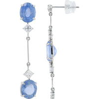 Platinum 6.03 Carat Oval Sapphire Mismatch Dangle Earrings with Diamond Accents - 0.68 Carat Total Diamond Weight