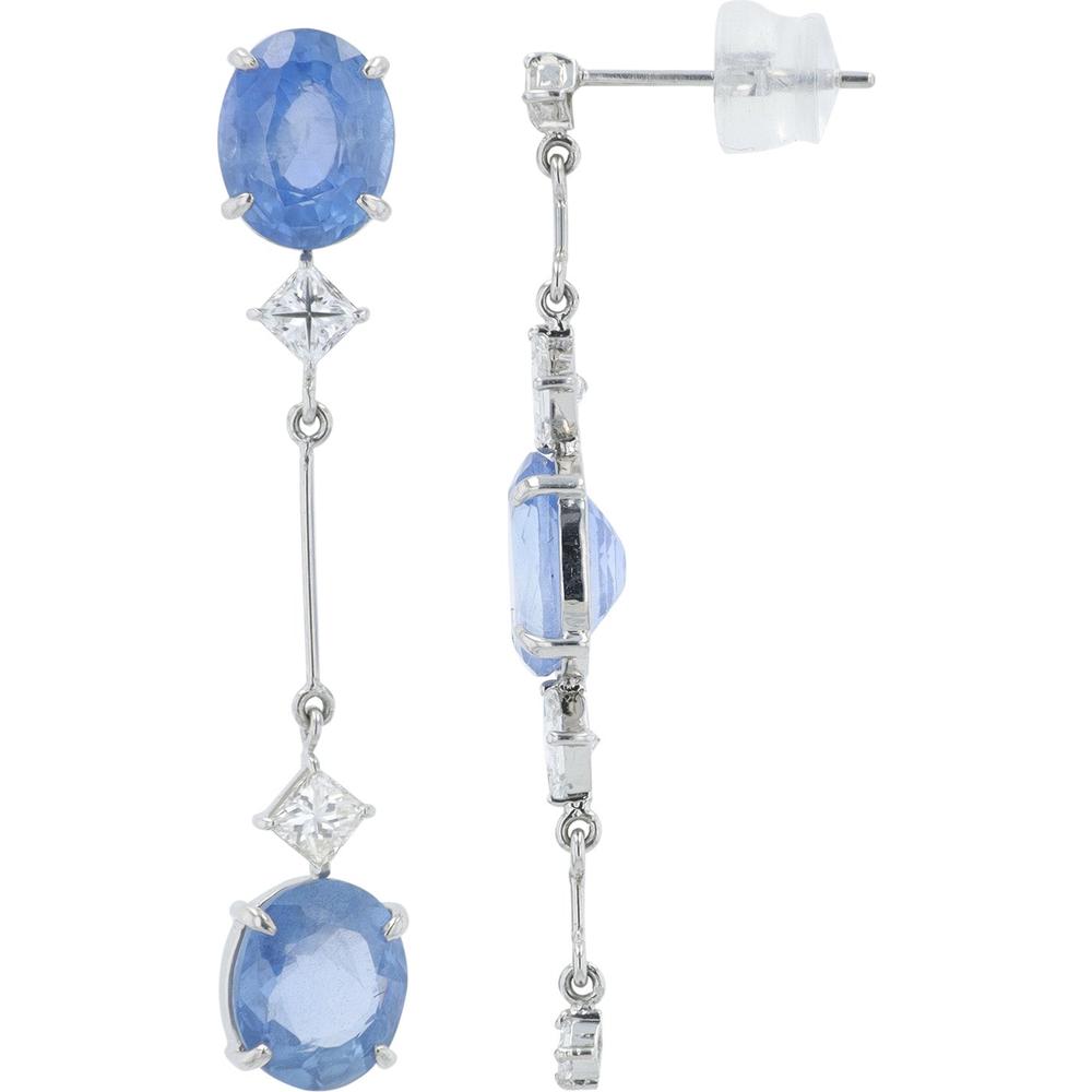Platinum 6.03 Carat Oval Sapphire Mismatch Dangle Earrings with Diamond Accents - 0.68 Carat Total Diamond Weight