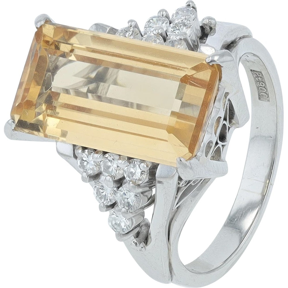 Platinum 6.04 Carat Emerald-Cut Topaz Ring with 0.28 Carat Round Diamond Accents - Size 4.5
