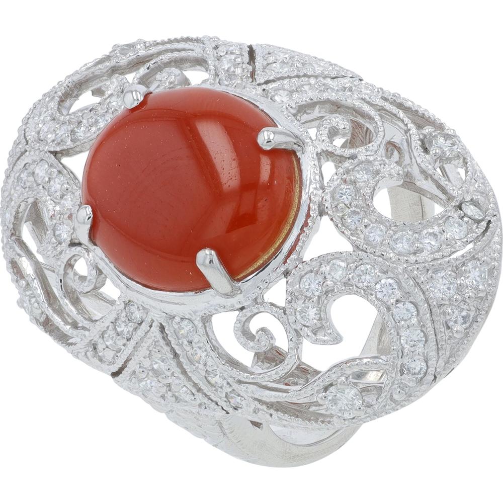 Platinum 6.25 Ring with Cabochon Coral Center and 0.65 Carat Total Diamond Swirl Design