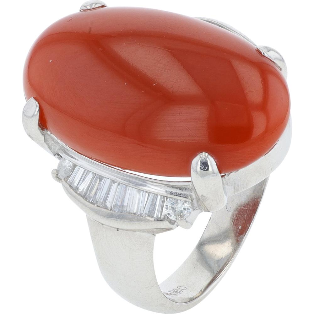 Platinum 6.35 Carat Oval Coral Ring with Diamond Accent - 0.35 Carat Total Diamond Weight