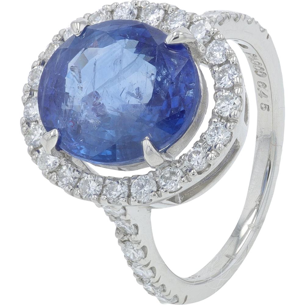Platinum 6.45 Carat Sri Lanka Oval Sapphire Ring with 0.85 Carats Halo Diamonds