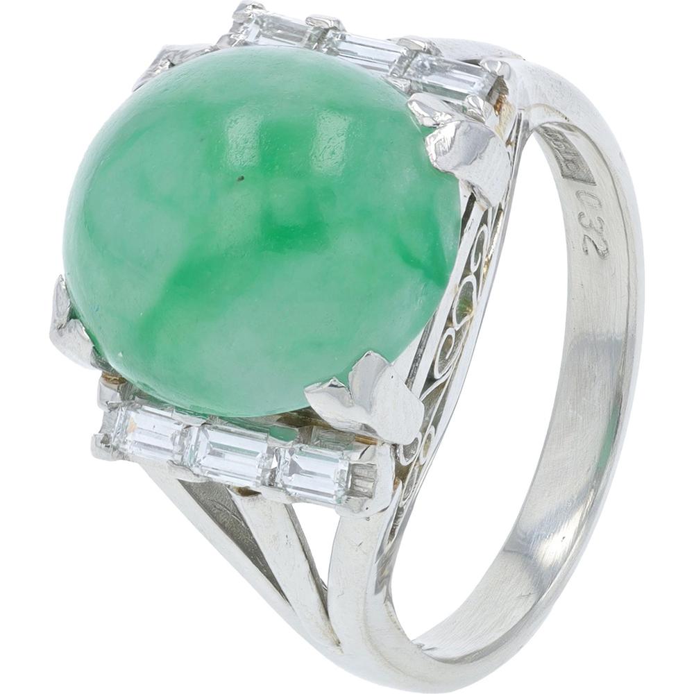 Platinum 6.622 Carat Jade Ring with Baguette Diamonds - 0.32 Carat Total Diamond Weight