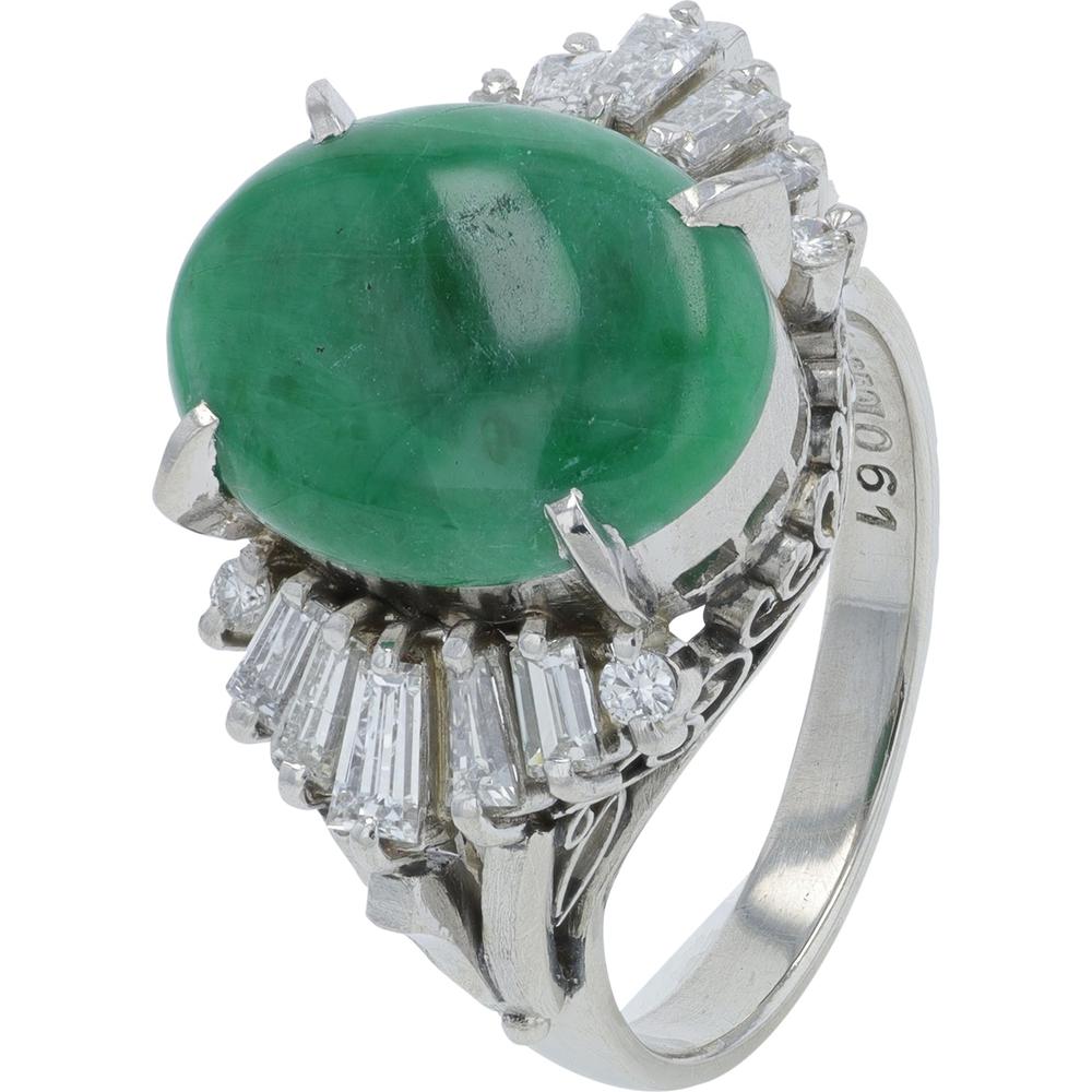 Platinum 6.92 Carat Oval Jade Ring with 0.61 Carat Baguette and Round Diamonds
