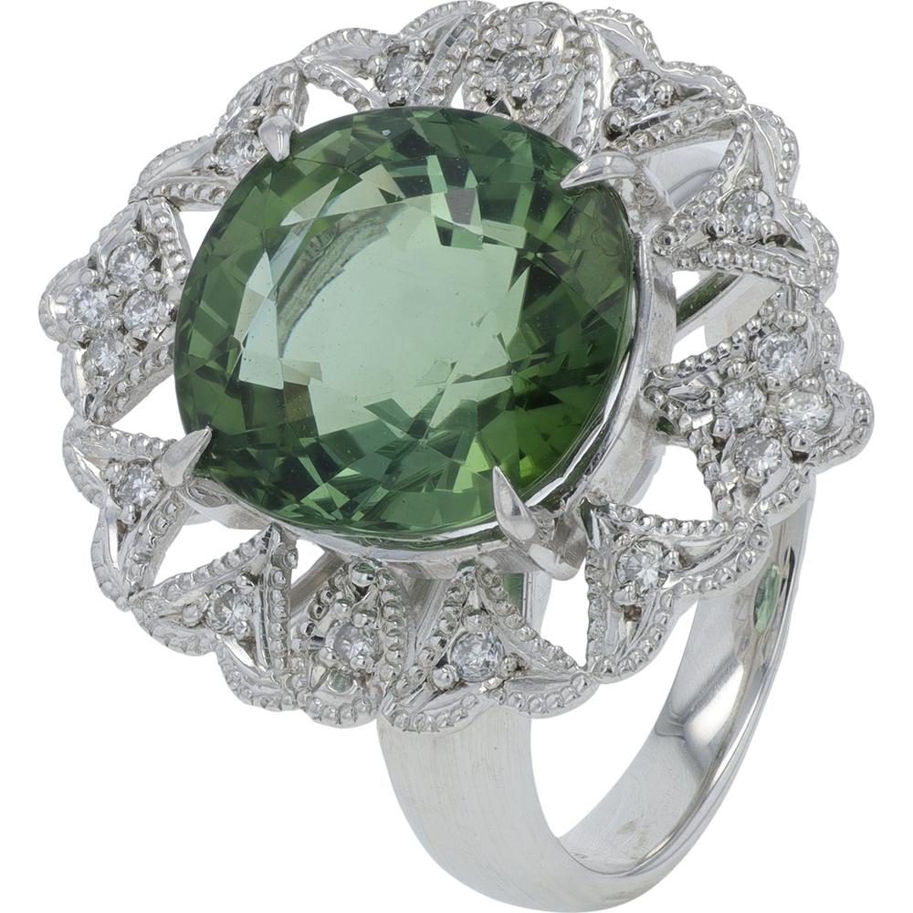 Platinum 6.93 Carat Green Tourmaline Ring with 0.18 Carat Diamond Halo - Size 6.25
