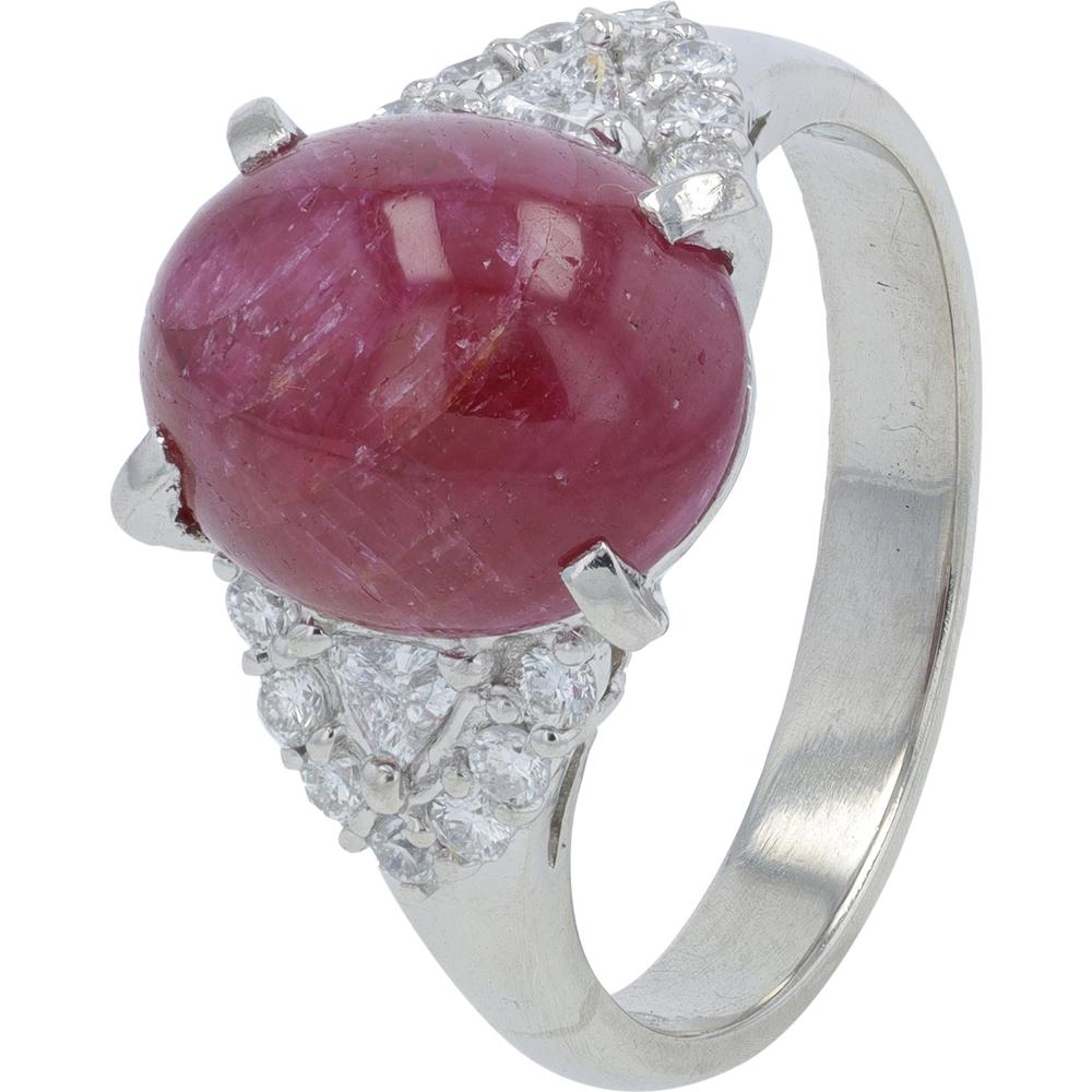 Platinum 6.94 Carat Cabochon Ruby Ring with 0.37 Carat Diamond Accents