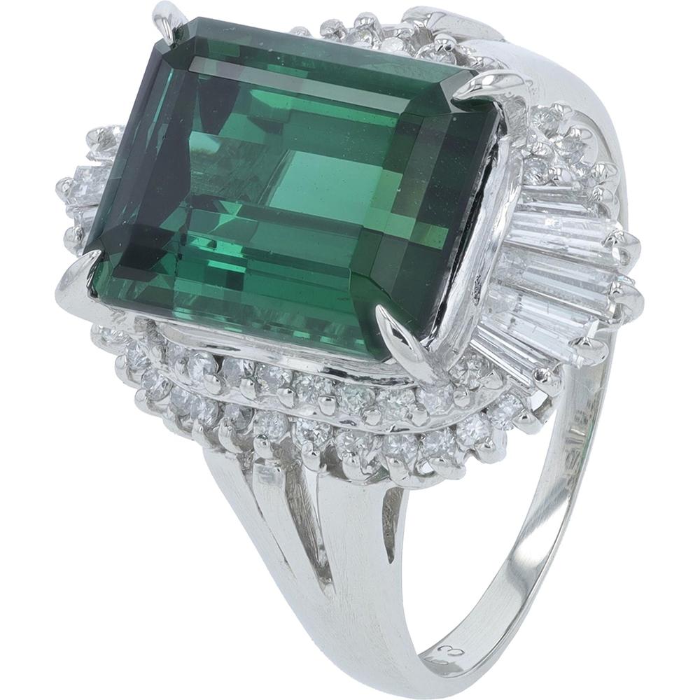 Platinum 6 Carat Emerald Cut Green Tourmaline Ring with 0.63 Carat Total Diamond Halo