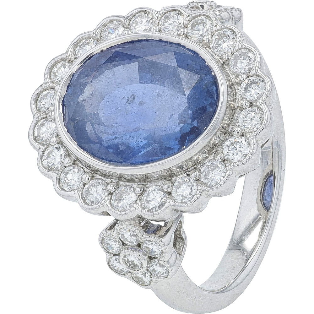 Platinum 7.03 Carat No Heat Oval Ceylon Sapphire Ring with Diamond Halo and Floral Shoulders - 0.93 Carat Total Diamond Weight