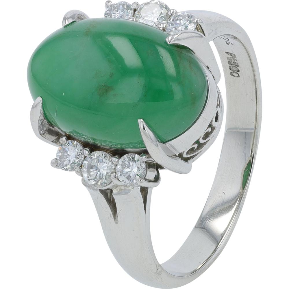 Platinum 7.124 Carat Oval Cabochon Jade Ring with 0.352 Carat Diamond Accents