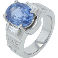 Platinum 7.14 Carat No Heat Sri Lanka Oval Sapphire Ring with Baguette Diamond Accents - 0.48 Carat Total Diamond Weight