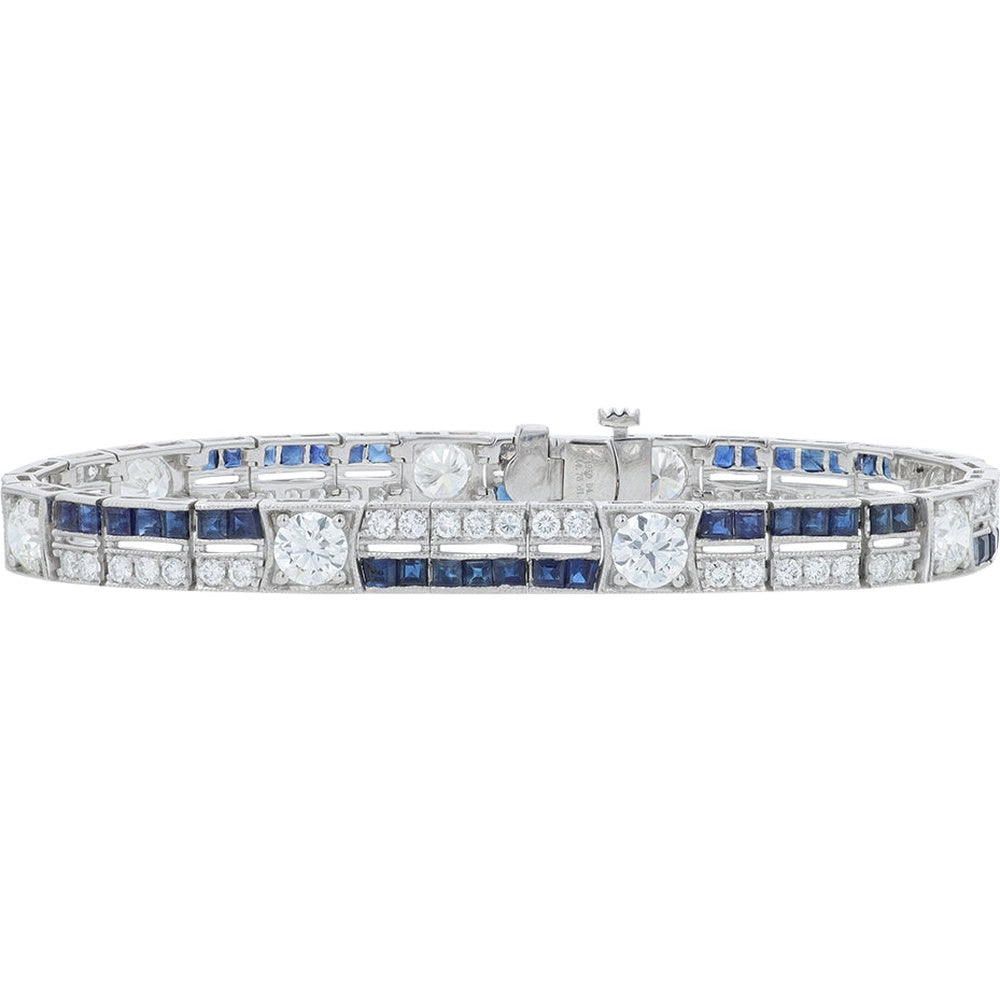 Platinum 7.25-Inch Bracelet with Channel-Set Square Sapphires and Prong-Set Round Diamonds - 4.76 Carat Sapphire and 6.11 Carat Diamond Total Weight