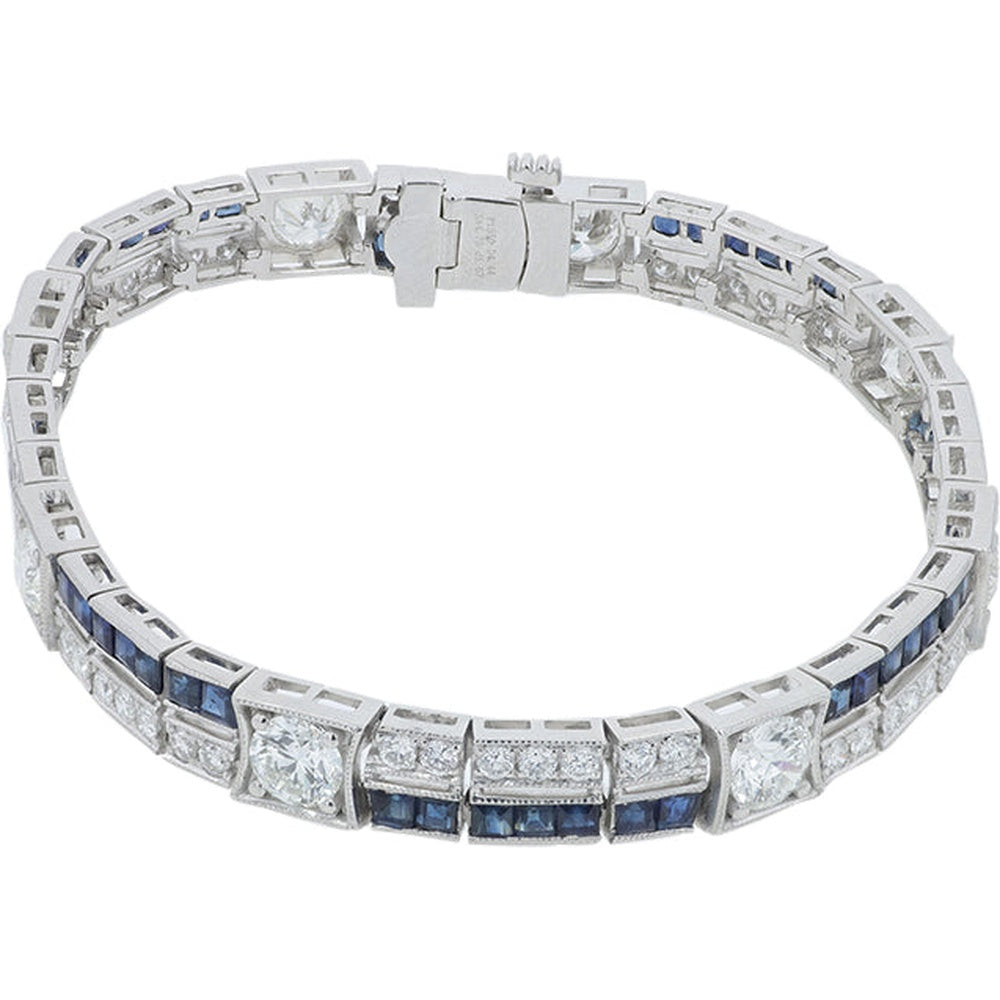 Platinum 7.25-Inch Bracelet with Channel-Set Square Sapphires and Prong-Set Round Diamonds - 4.76 Carat Sapphire and 6.11 Carat Diamond Total Weight