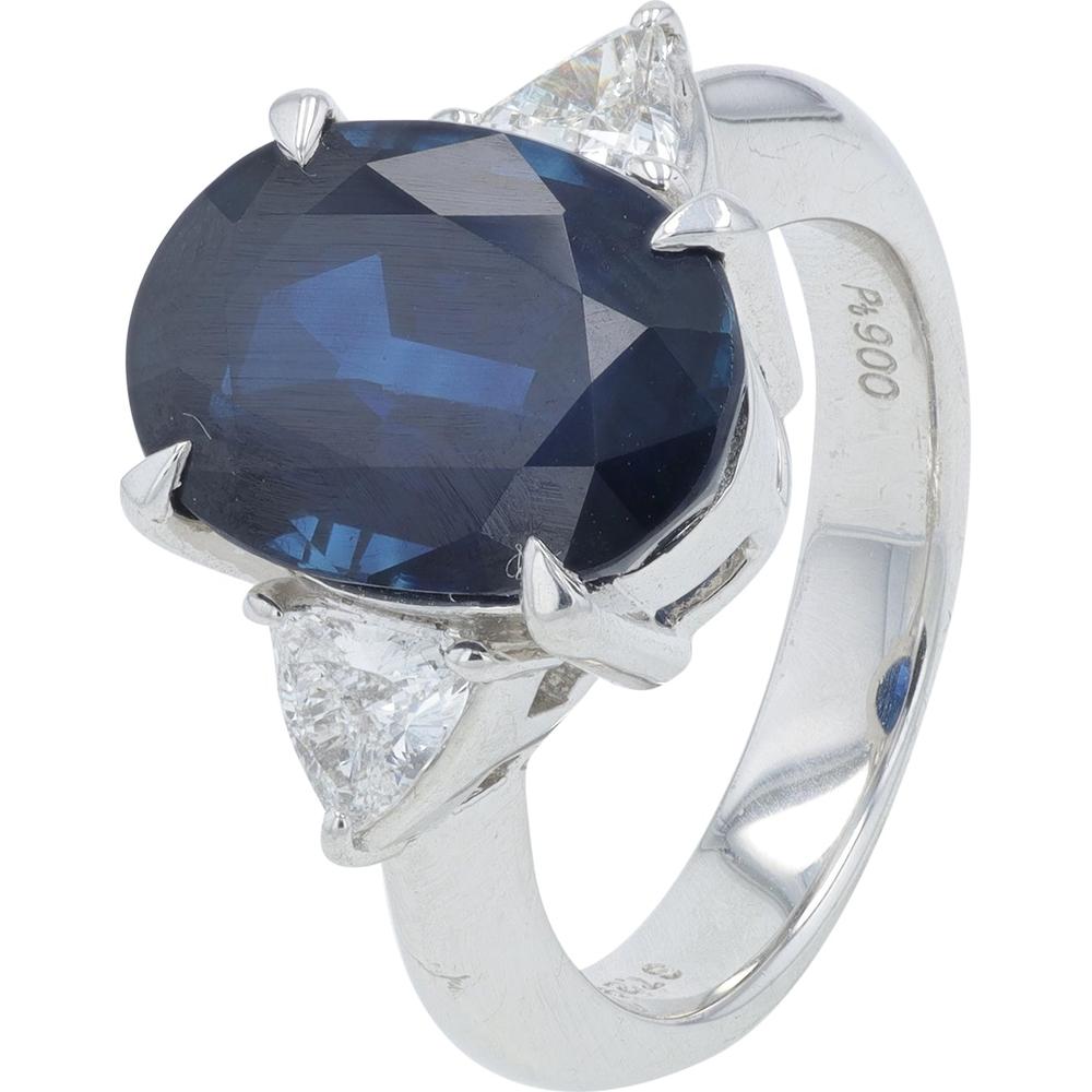 Platinum 7.29 Carat Total Weight Oval Sapphire Ring with 0.47 Carat Triangular Diamond Accents