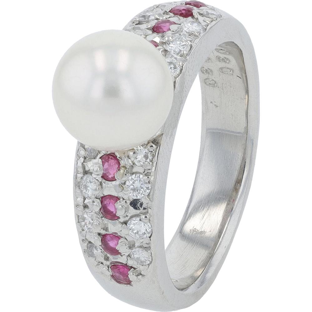 Platinum 8.12mm Pearl Ring with 0.30 Carat Total Diamond and Ruby Accents