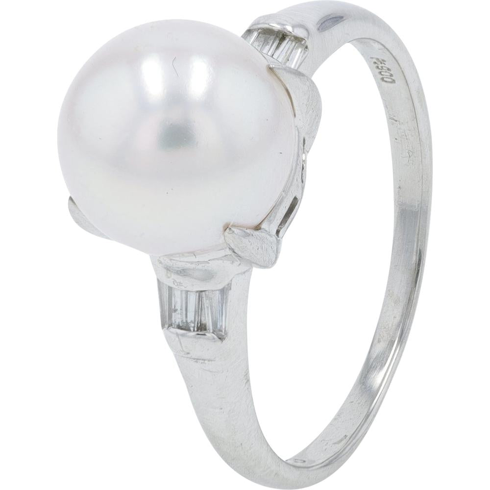 Platinum 8.43mm Pearl Ring with 0.13 Carat Total Baguette Diamond Accents