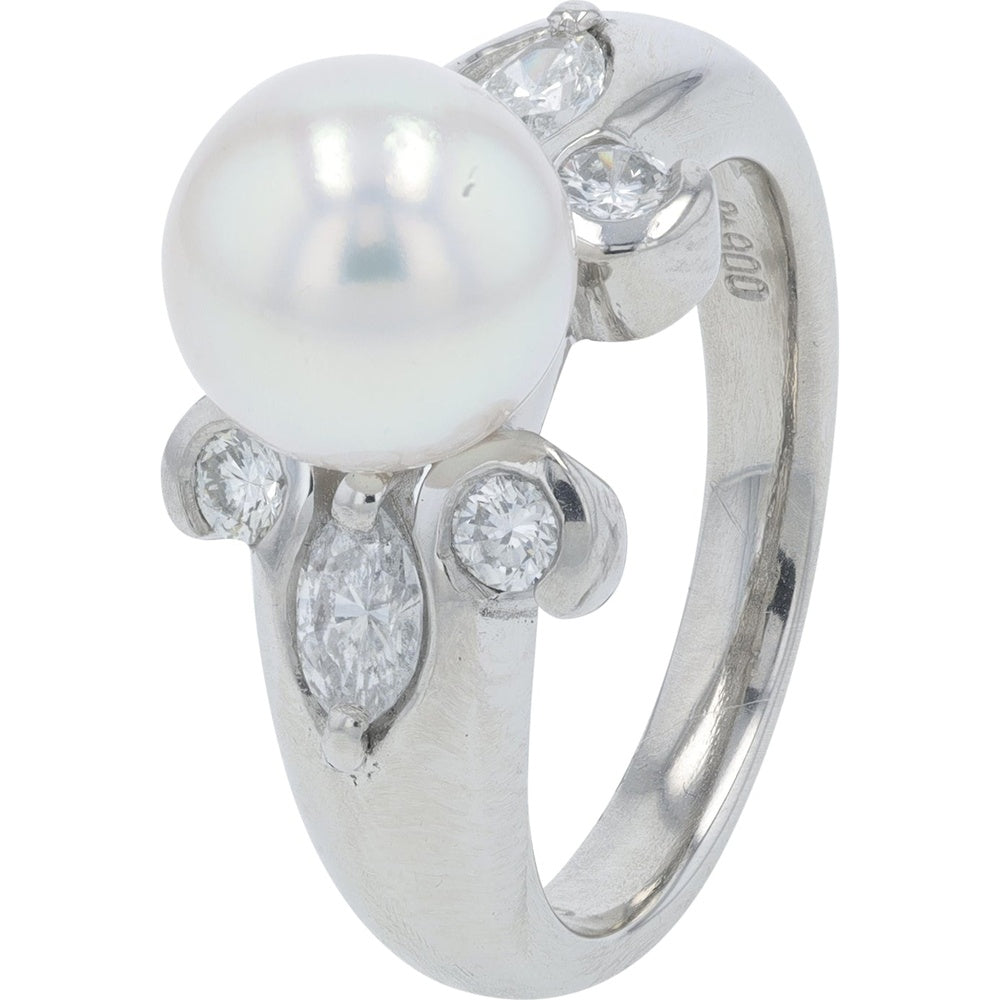 Platinum 8.5mm Pearl Ring with Marquise and Round Diamond Accents - 0.50 Carat Total Diamond Weight